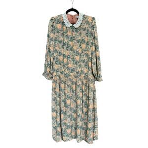 Vintage 80s Taurus II Floral Prairie Dress Lace Collar Drop Waist Pink Green
